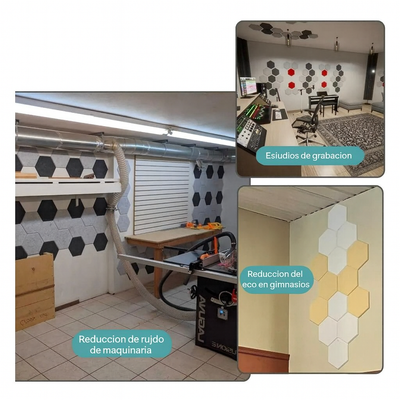 Paneles hexagonales absorbentes de ruido, composición en pared