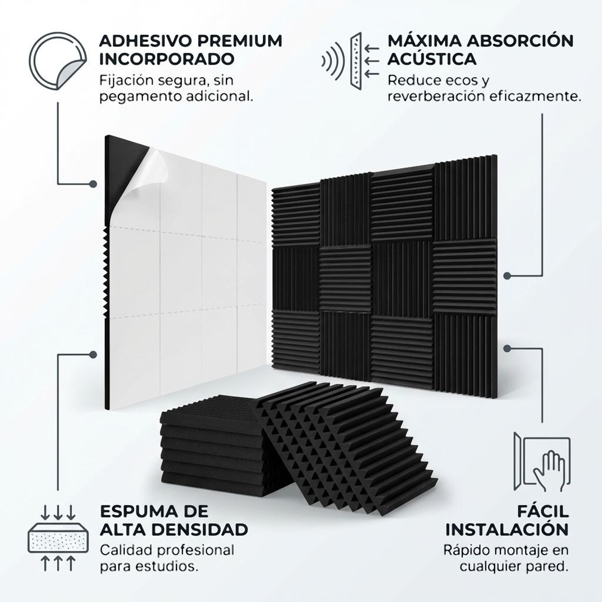 Paneles Acústicos Negro para Estudio Set de 24 Unidades de 30x30 cm